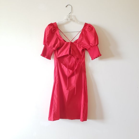 NWOT Red Puffed Sleeve Strappy Cutout Fitted Dress Small - Picture 4 of 5